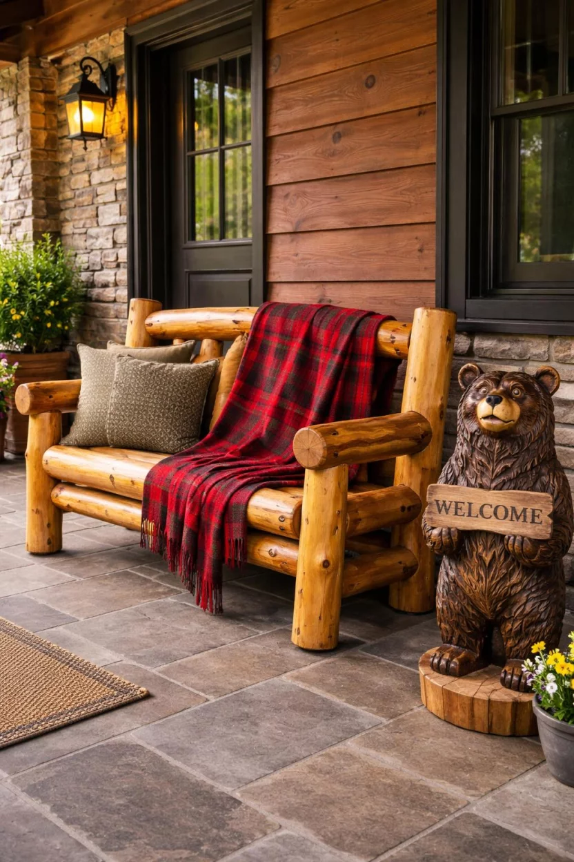A realistic photo of a front porch with a handcrafted rustic pine log bench, a red plaid wool blanket draped over the back, and a carved wooden bear statue standing nearby.