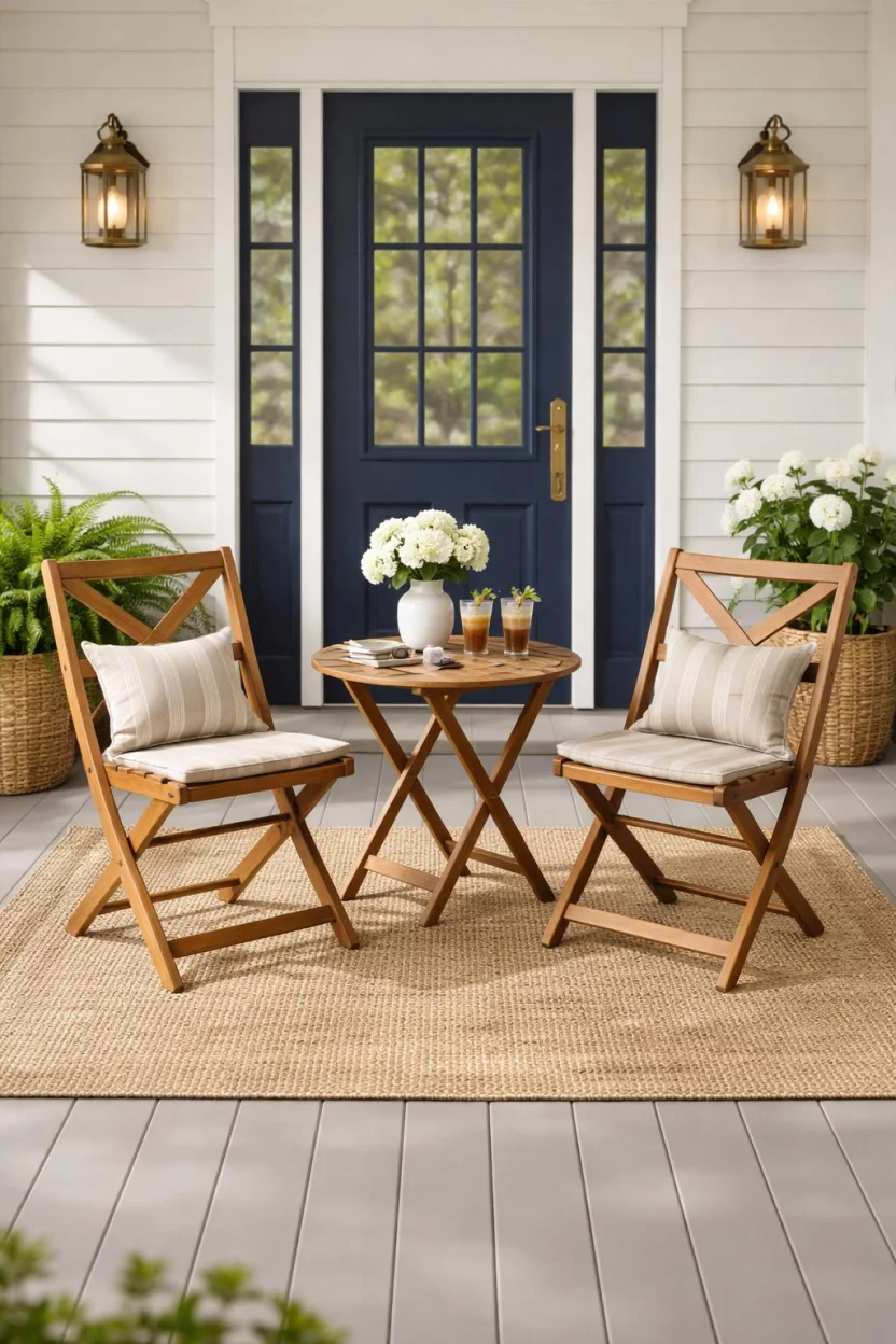 A realistic photo of a front porch with two folding acacia wood chairs featuring a crisscross design, a small round slatted table, and a braided jute rug on the floor.