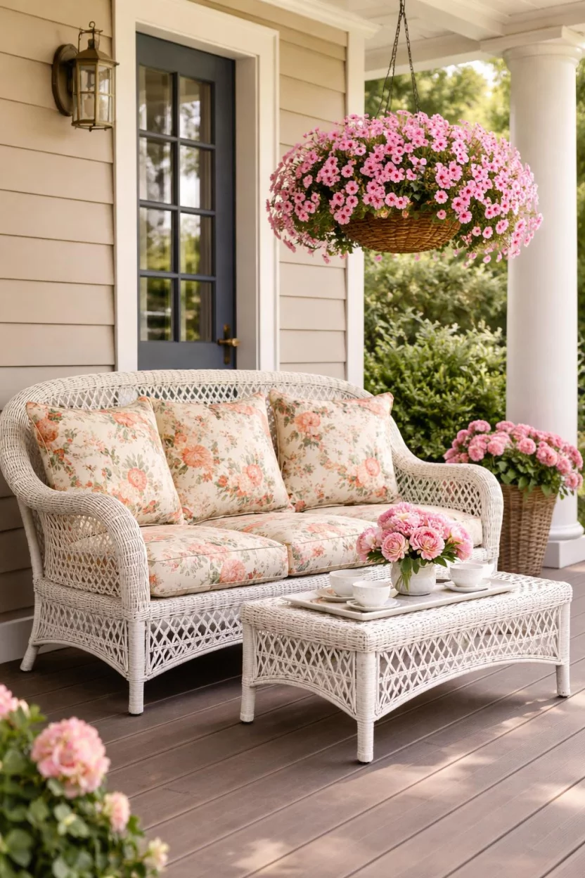 A realistic photo of a front porch with a vintage white wicker settee featuring floral print cushions, a matching wicker coffee table, and a hanging basket of pink petunias.