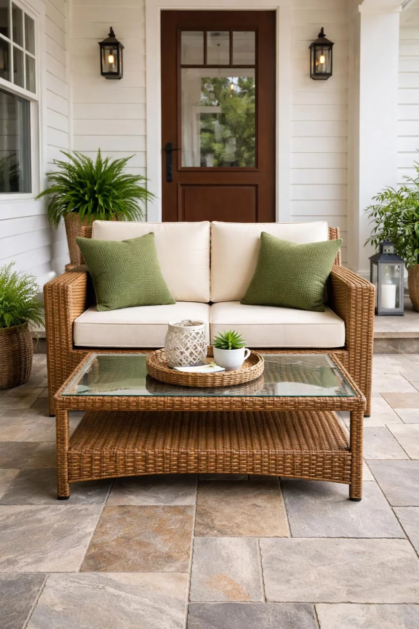 A realistic photo of a front porch featuring a honey colored synthetic rattan loveseat with cream cushions, two green throw pillows, and a glass topped coffee table on a stone tile floor.