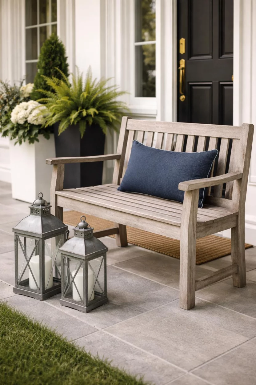 A realistic photo of a front porch with a weathered gray teak wood bench, a navy blue outdoor lumbar pillow, and two large galvanized metal lanterns sitting on the floor.