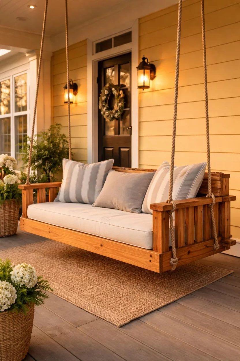 A realistic photo of a front porch showcasing a natural cedar porch swing with thick hemp ropes, gray striped pillows, and a warm yellow exterior house wall in the background during golden hour.