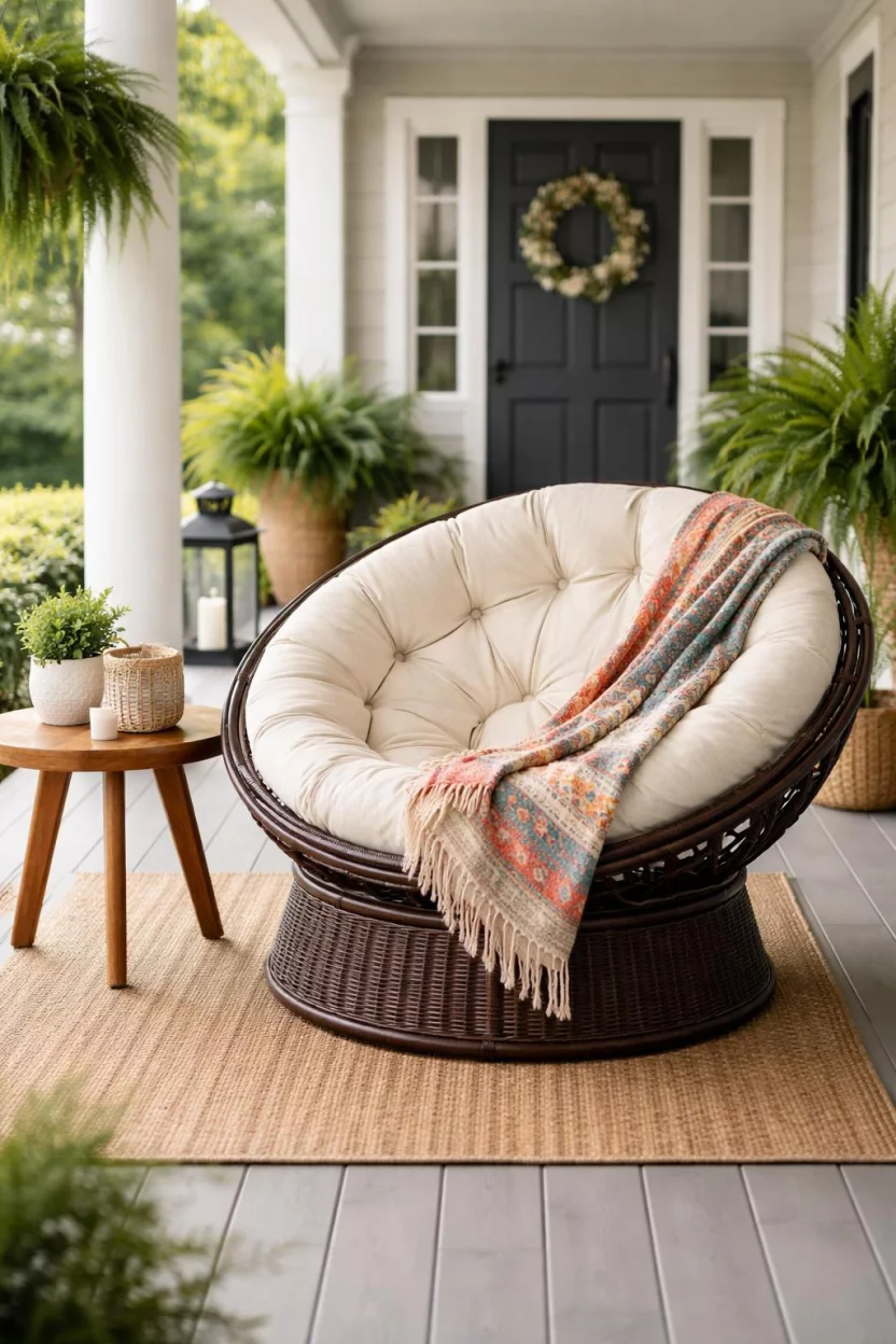 A realistic photo of a front porch with a large dark brown rattan papasan chair featuring a thick cream cushion, a colorful boho throw blanket, and a small wooden side table.