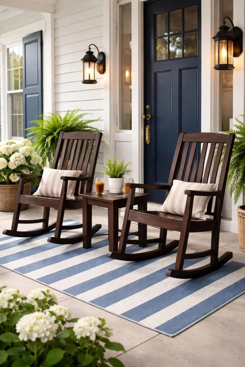 A realistic photo of a front porch with two dark stained eucalyptus wood rocking chairs, a matching square side table, and a blue and white striped outdoor rug under a porch light.