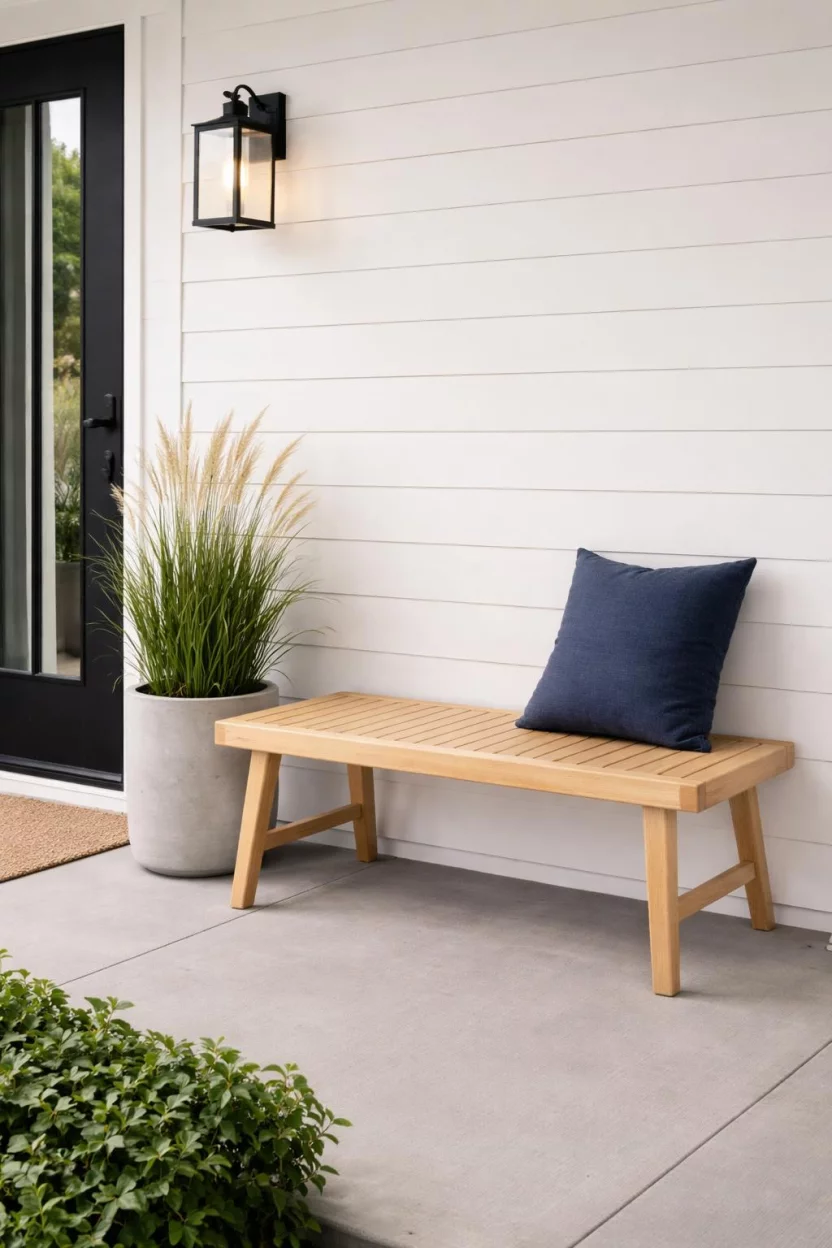 A realistic photo of a front porch featuring a minimalist light oak slat wood bench with clean lines, a single navy blue cushion, and a concrete planter with a tall green grass plant.