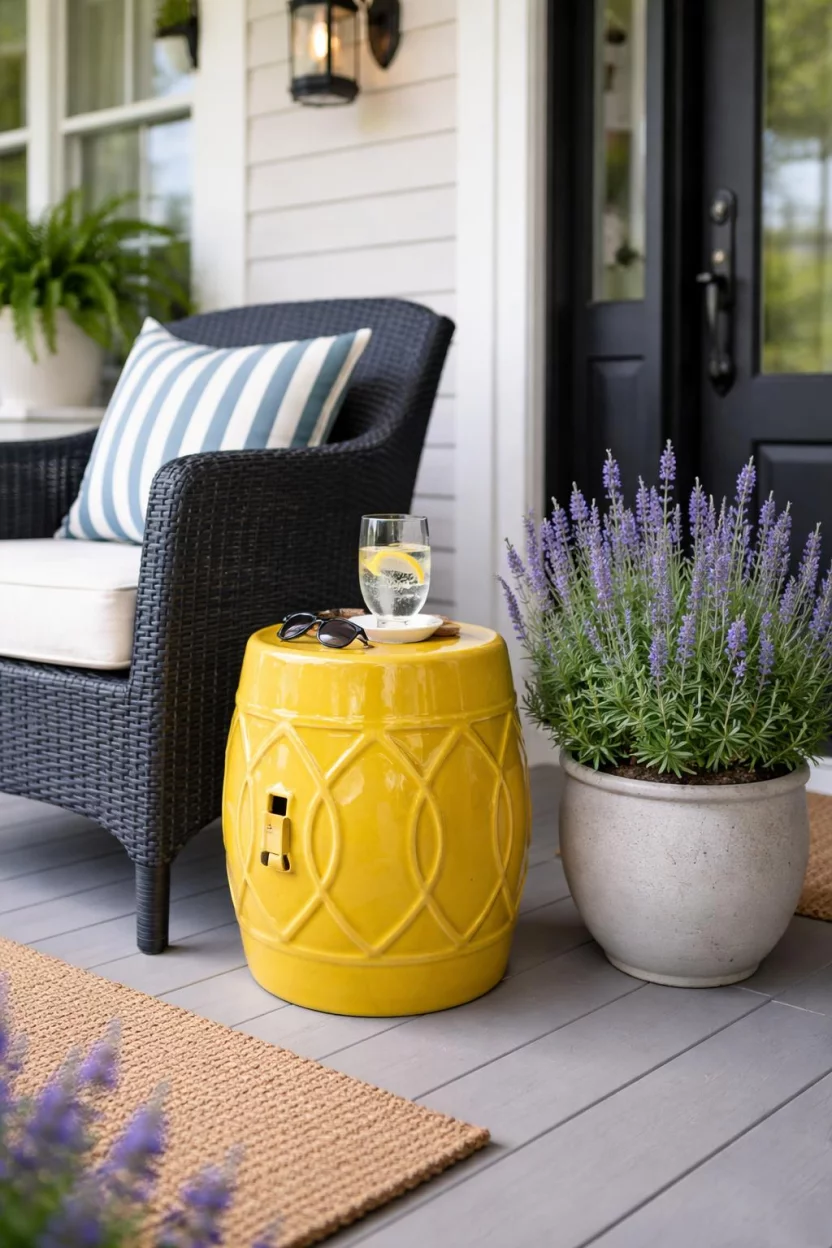 A realistic photo of a front porch with a bright yellow glazed ceramic garden stool used as a side table next to a dark navy armchair and a potted lavender plant.