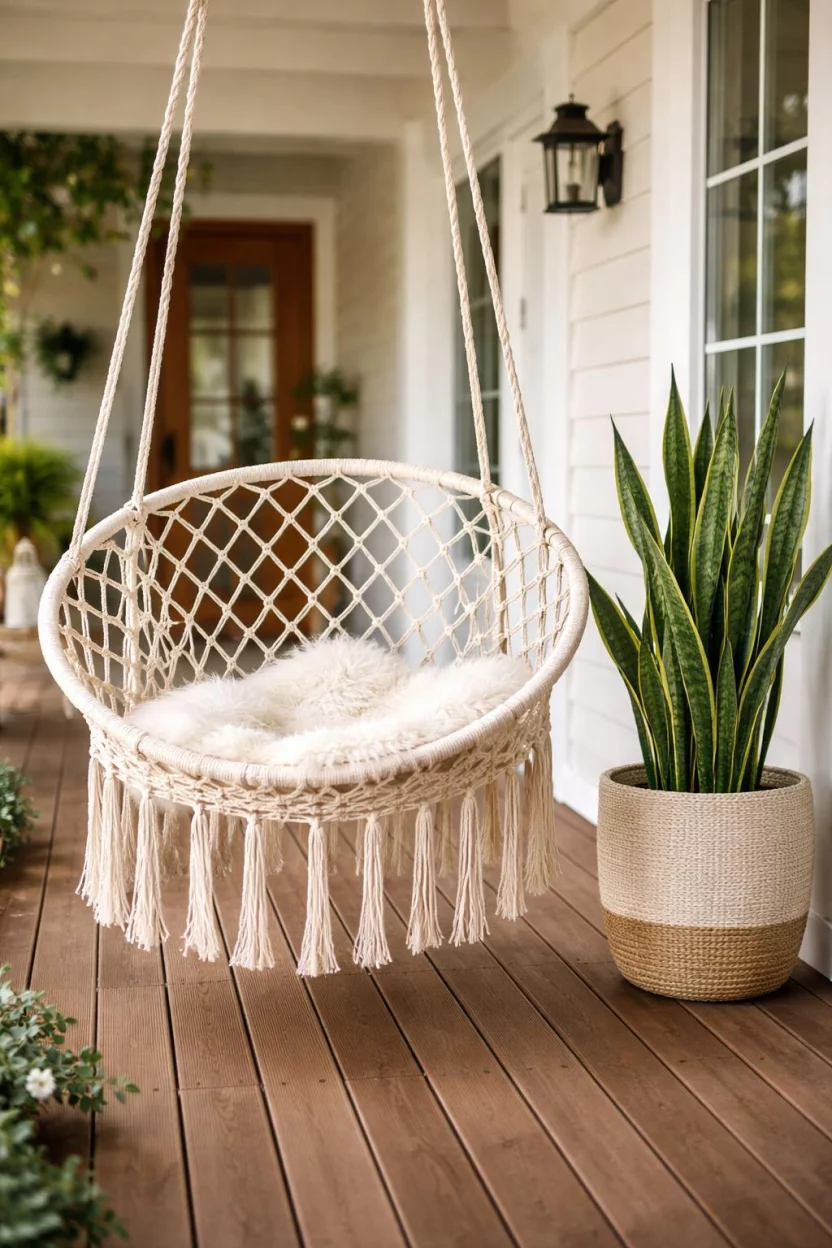 A realistic photo of a front porch showing a cream macrame hanging chair with fringe, a fuzzy white sheepskin rug inside, and a tall potted snake plant nearby on a wooden deck.