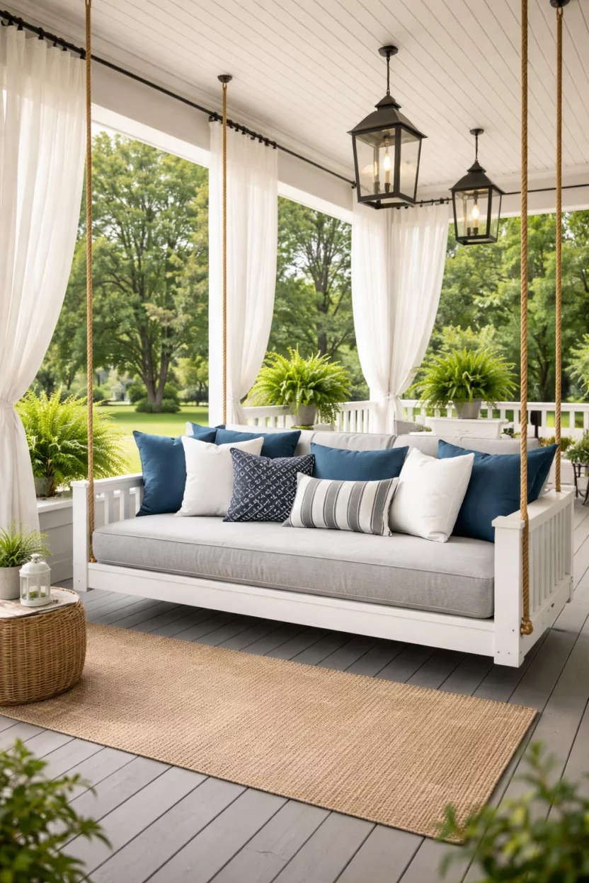A realistic photo of a front porch featuring a large white wooden daybed swing with a thick gray mattress, several navy and white throw pillows, and sheer outdoor curtains hanging on the sides.