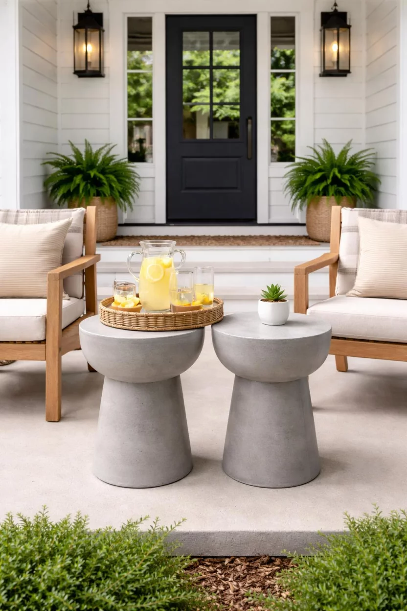 A realistic photo of a front porch with two minimalist gray concrete pedestal tables sitting between wooden chairs, holding a tray with lemonade and a small succulent in a white pot.