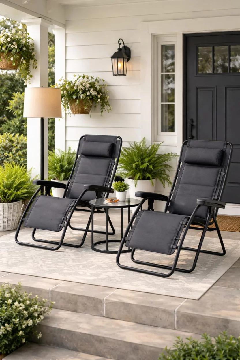 A realistic photo of a front porch with two black padded zero gravity reclining chairs, a tall outdoor floor lamp, and a modern side table with a glass top.