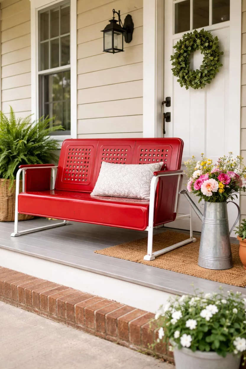 A realistic photo of a front porch with a vintage style red metal glider bench, a white lace patterned outdoor cushion, and a tall watering can used as a flower vase.
