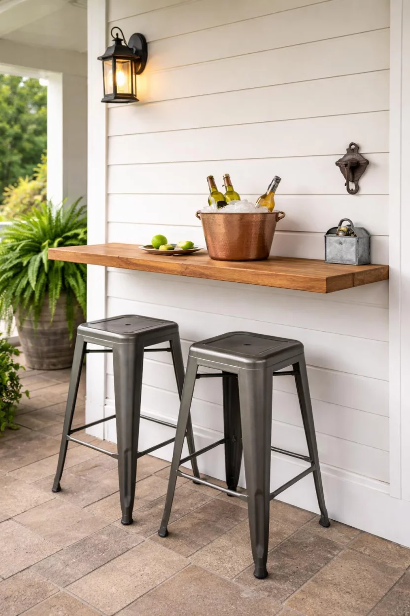 A realistic photo of a front porch with two gunmetal gray industrial metal bar stools tucked under a wooden ledge, a wall mounted bottle opener, and a small copper ice bucket.