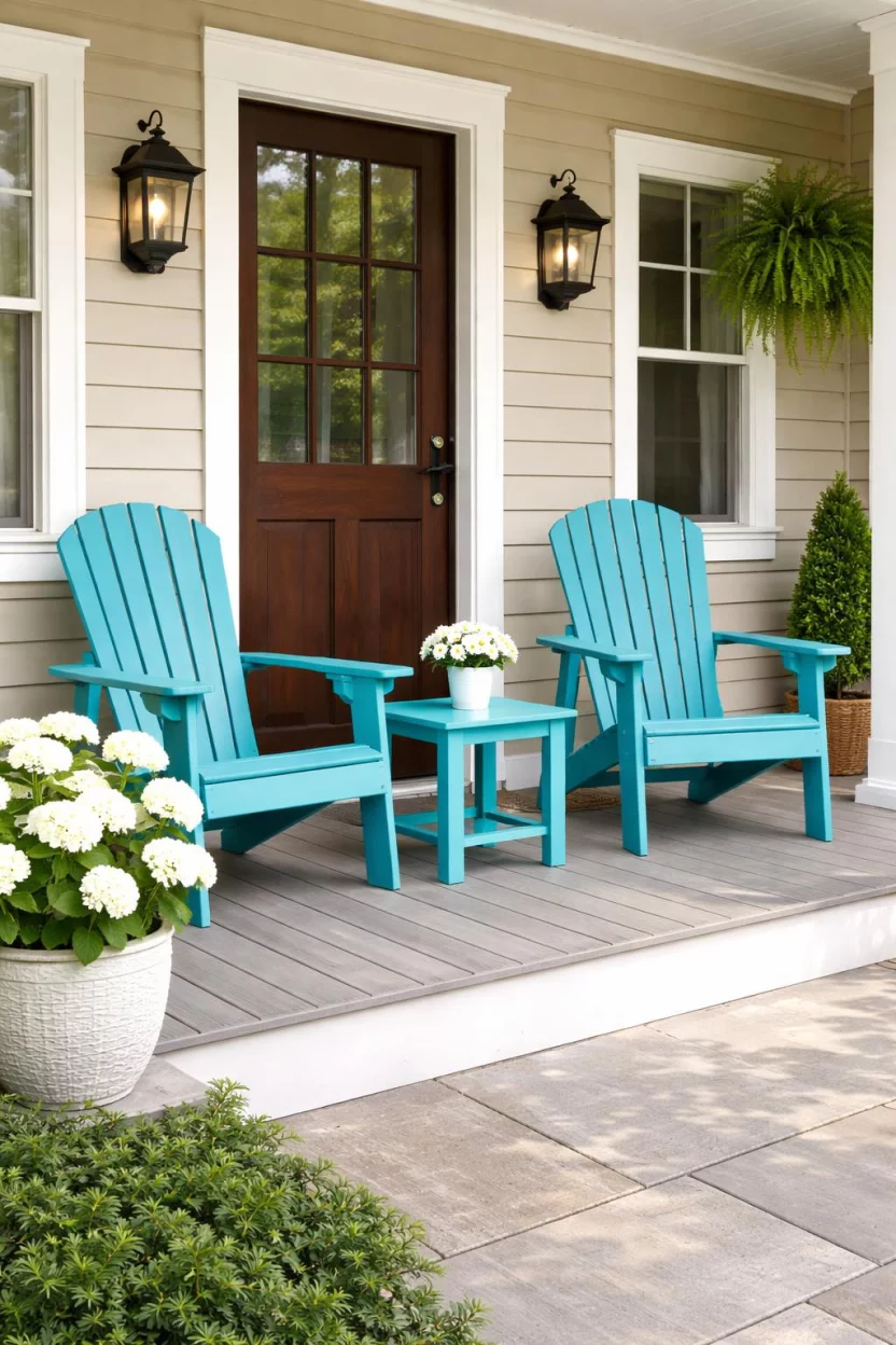 A realistic photo of a front porch with two bright turquoise adirondack chairs made of poly lumber, a small matching square table, and a large white hydrangea bush in a ceramic planter.