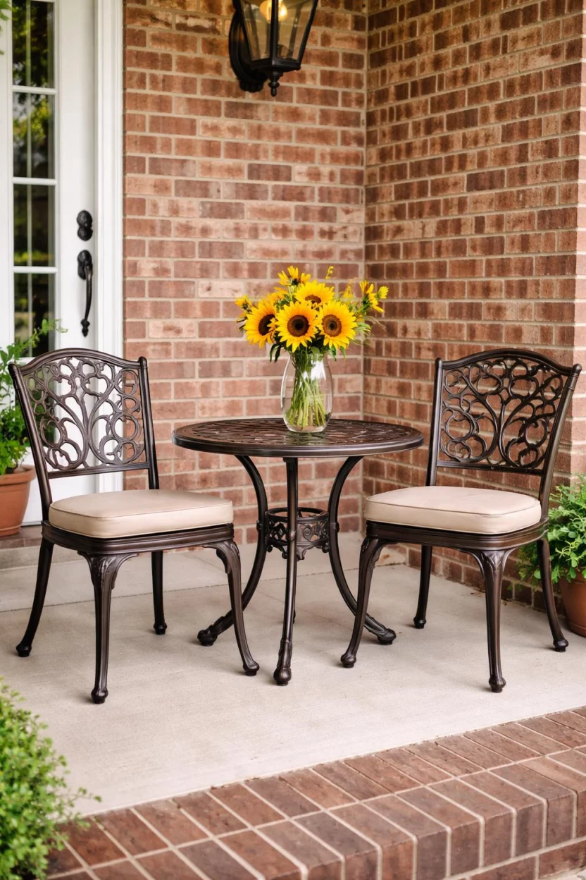 A realistic photo of a front porch featuring a small bronze cast aluminum round table with two matching chairs, a glass vase with sunflowers, and a brick wall background.