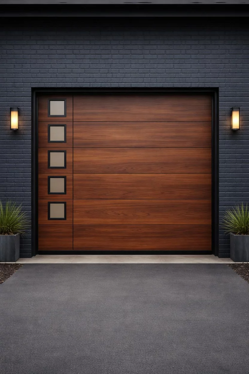 A realistic photo of a garage featuring horizontal walnut wood planks with a vertical row of small square windows on the left side and a dark navy blue brick wall surround.
