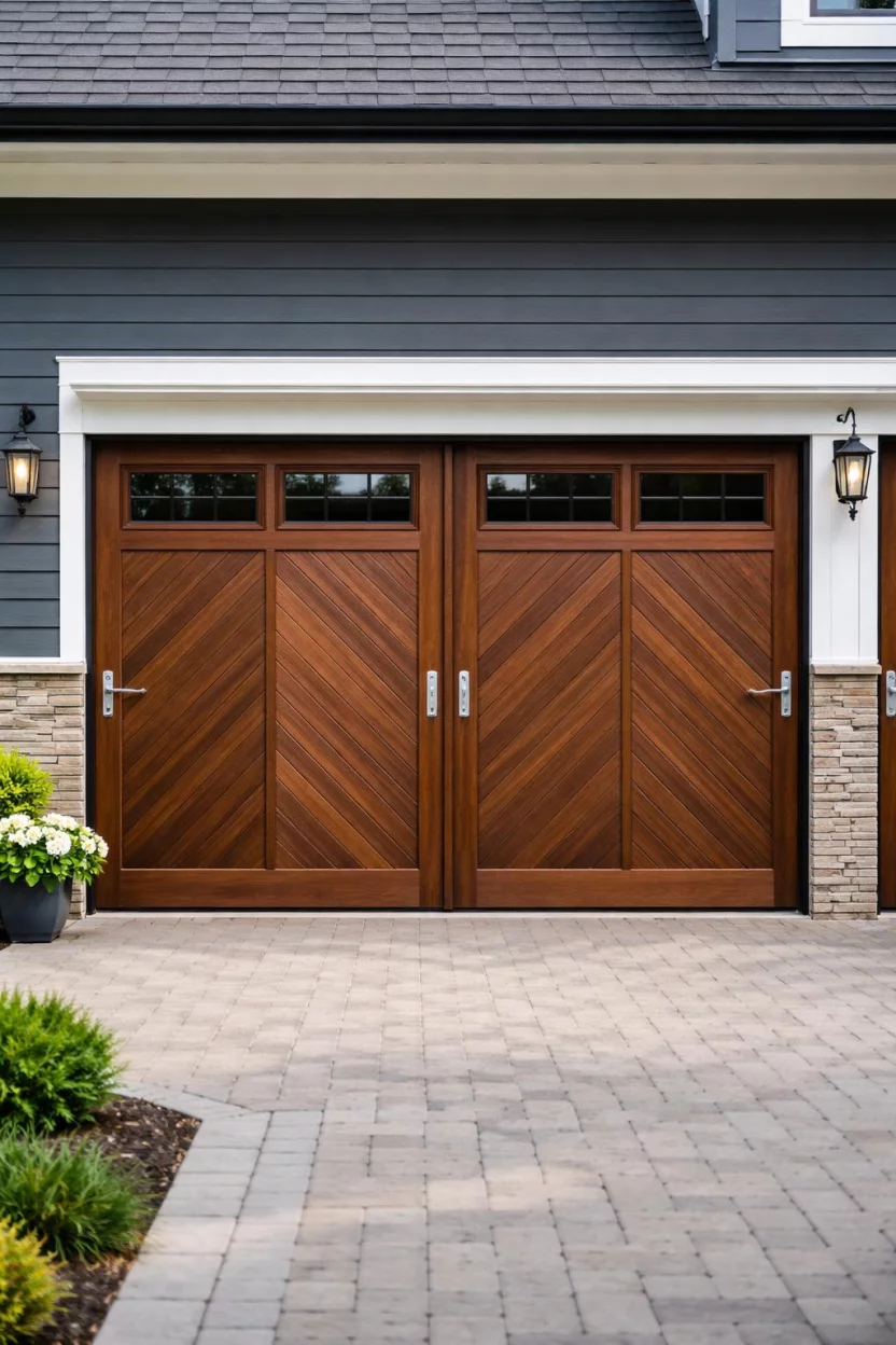 A realistic photo of a garage with dark oak wood doors featuring a chevron pattern with silver hardware and a small rectangular window at eye level on a slate grey house.