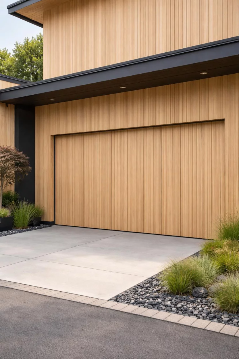 A realistic photo of a garage where the door is covered in the same vertical light wood siding as the house wall making it nearly invisible when closed.