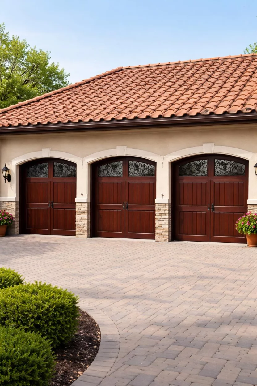 A realistic photo of a garage with dark mahogany wood doors featuring decorative wrought iron scrollwork insets over small glass windows under a terracotta tiled roof.