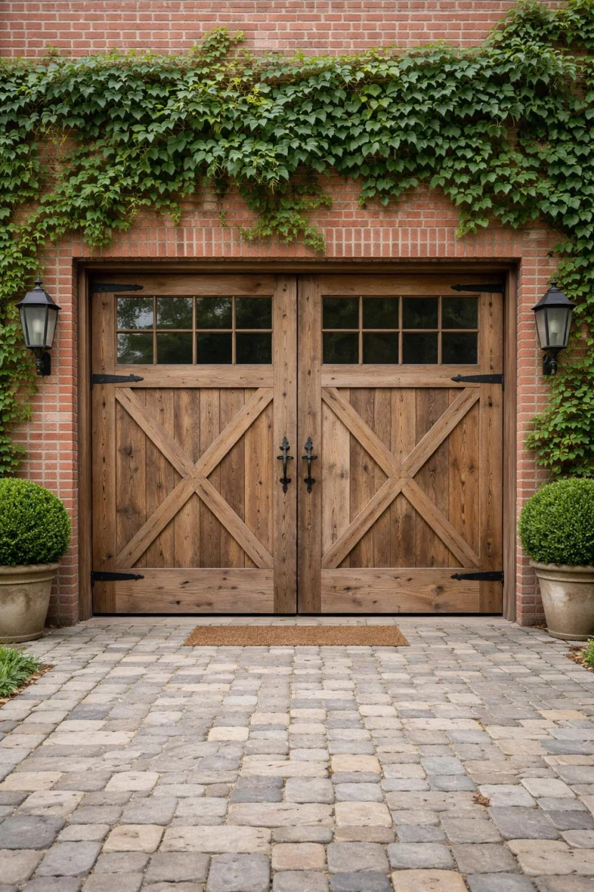 A realistic photo of a garage with weathered reclaimed oak barn wood doors with a crossbuck design and antique bronze latches surrounded by climbing green ivy on a red brick building.