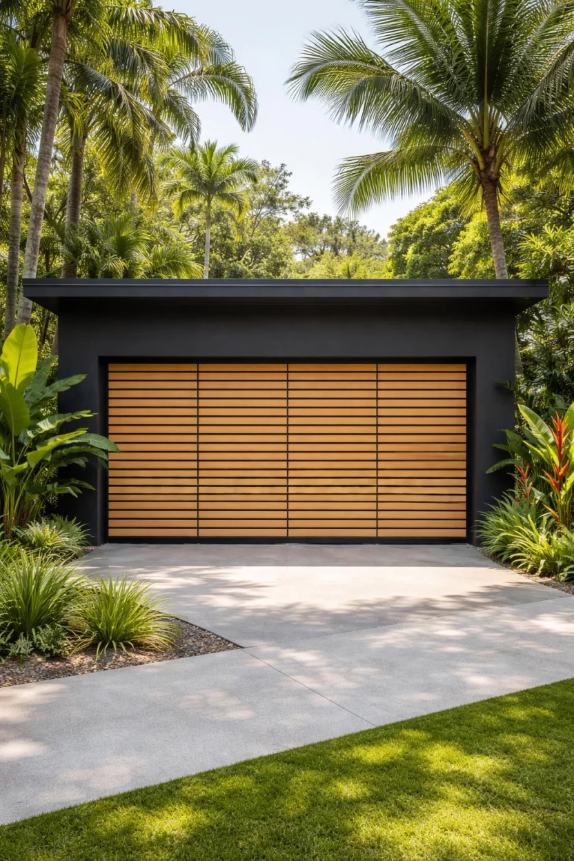 A realistic photo of a garage with horizontal light bamboo slats with narrow gaps between them on a black metal frame in a lush tropical garden setting.