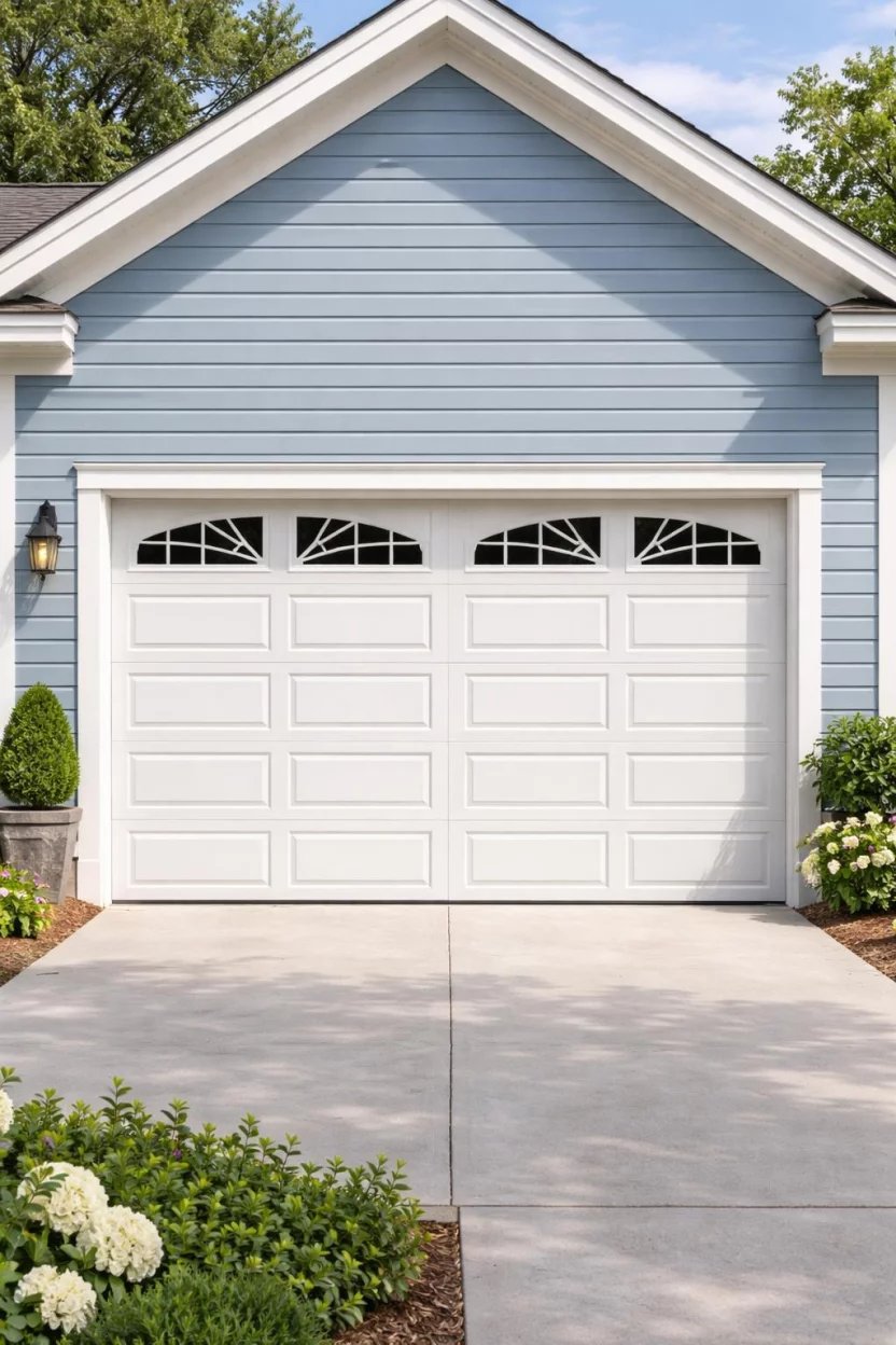 A realistic photo of a garage with classic white raised panel doors with a row of sunray style windows at the top set against a light blue wooden siding house with white trim.