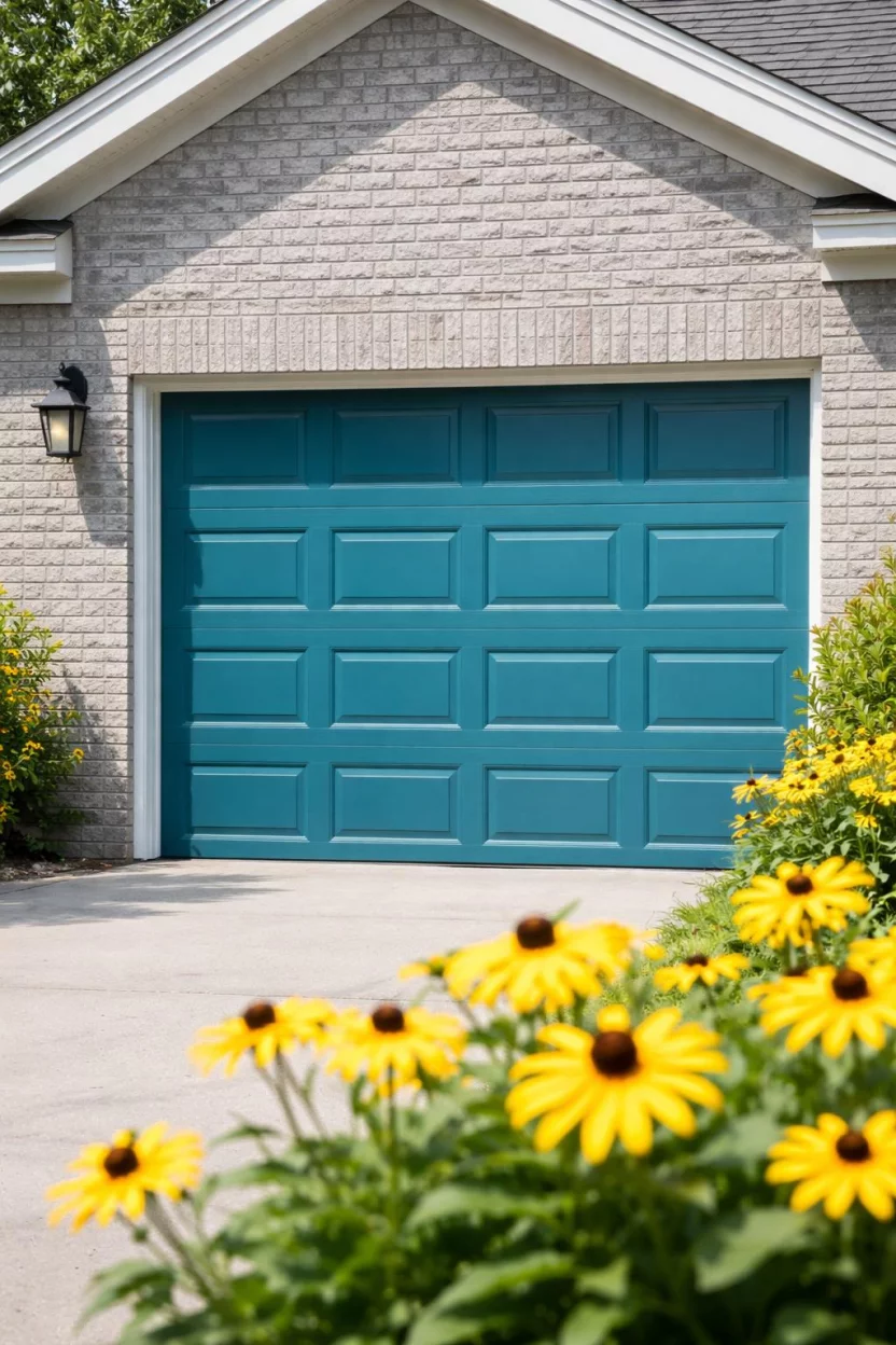 A realistic photo of a garage with a bright teal blue door with simple recessed panels on a light gray brick house with yellow flowers in the foreground.