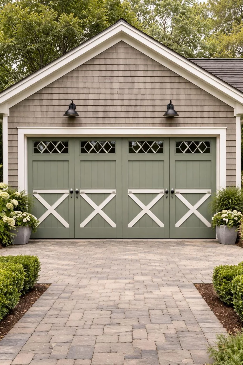 A realistic photo of a garage with sage green doors and small diamond shaped glass panes at the top with white cross trim on a shingle sided cottage.