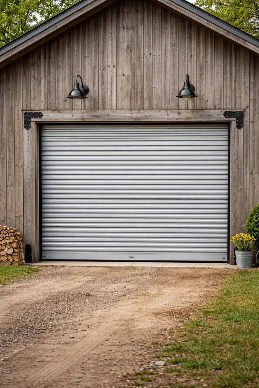 A realistic photo of a garage with a silver corrugated metal roll up door on a weathered grey wood barn with black hardware and a dirt driveway.