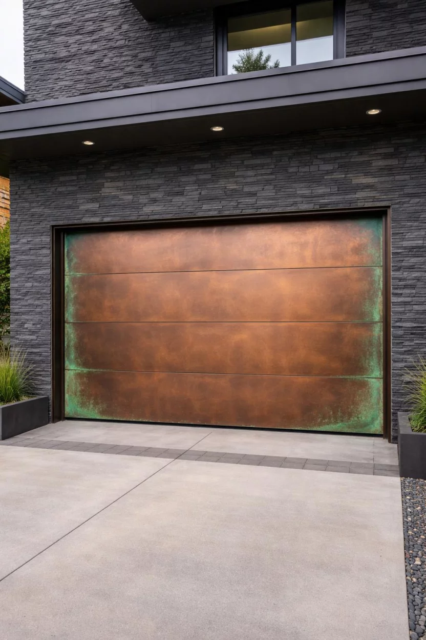 A realistic photo of a garage with a flat copper metal door that has a greenish patina at the edges on a dark charcoal stone modern house.