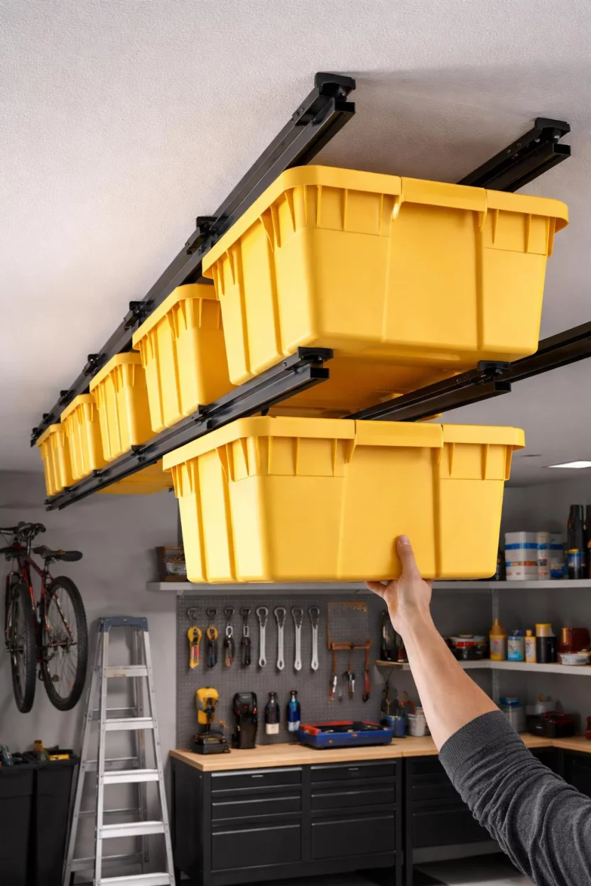 A realistic photo of a garage ceiling using yellow plastic storage bins sliding into narrow black metal ceiling tracks for an efficient overhead organization system.