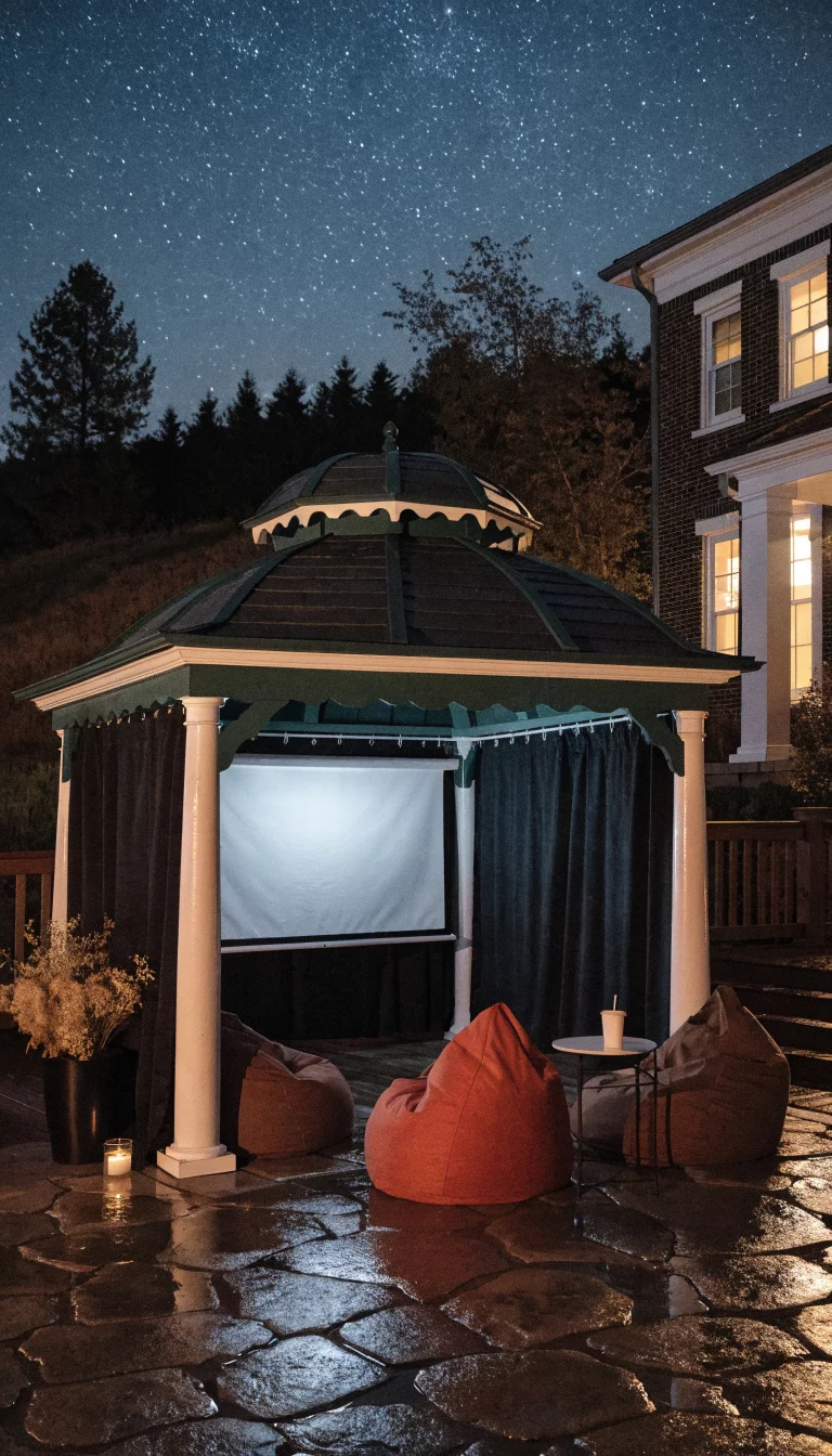 Blackout Curtains For Outdoor Movie Nights A realistic photo of an American home's backyard gazebo with solid black blackout curtains completely closed, showing a projector screen and soft bean bag chairs inside with a starry night sky above.