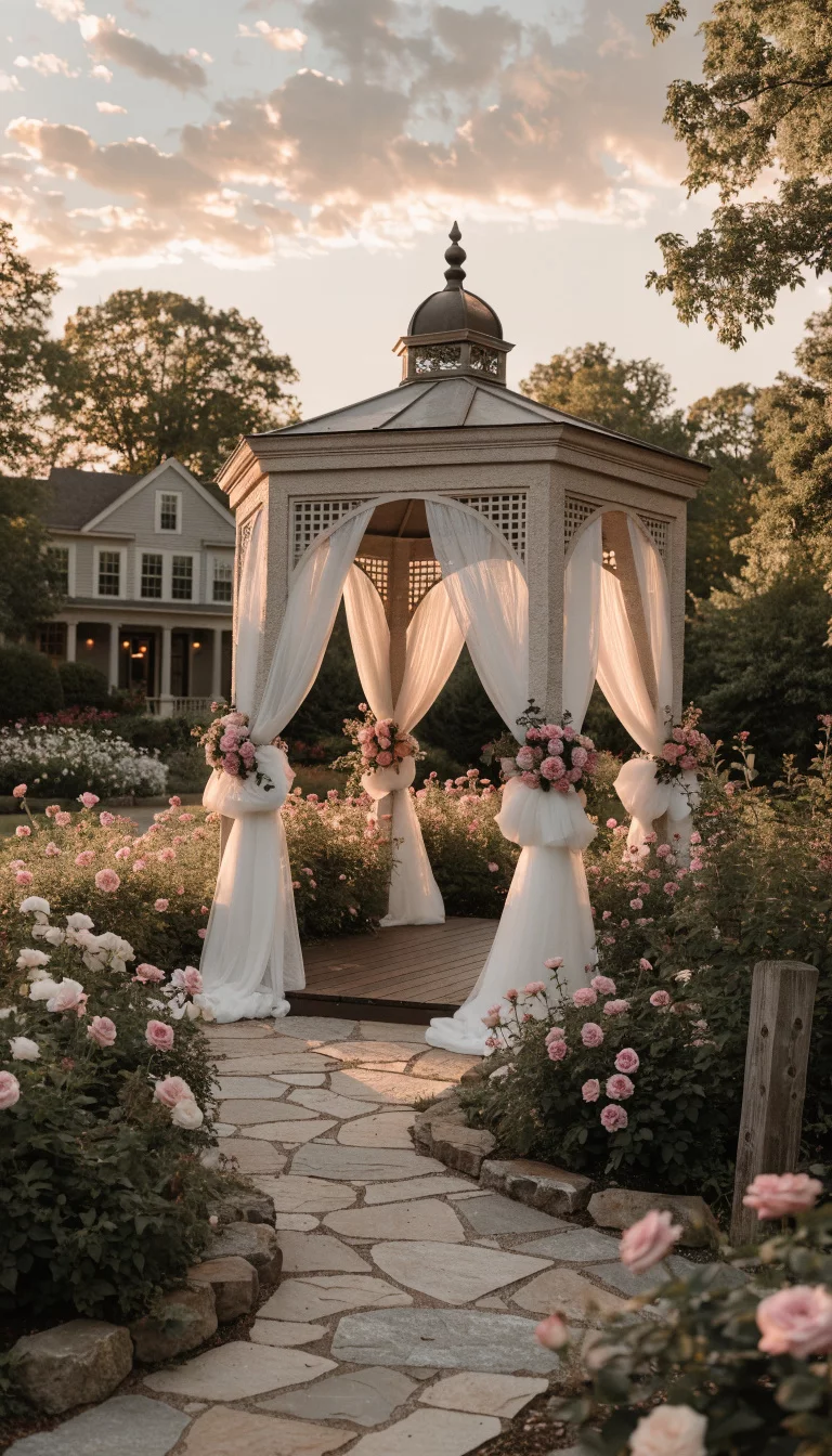 Romantic Floor Length Tule A realistic photo of an American home's backyard gazebo draped in voluminous white tulle fabric, gathered at the corners with pink floral bouquets, overlooking a garden path at sunset for a wedding or event.