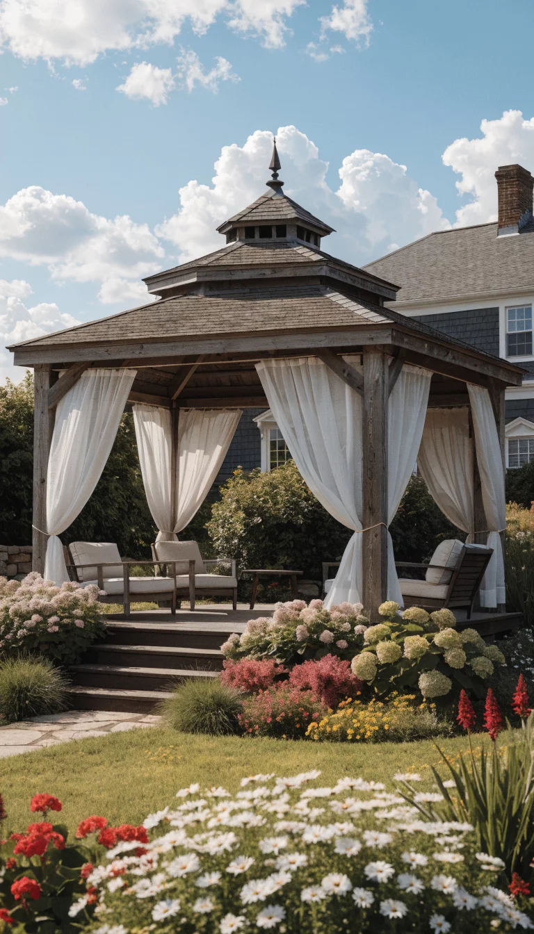 Classic White Sheer Fabric Paneling A realistic photo of an American home's backyard gazebo featuring lightweight white sheer curtains blowing in the breeze, tied to dark wooden posts with simple ivory cords, overlooking a lush green lawn and colorful flower beds under a bright blue afternoon sky.