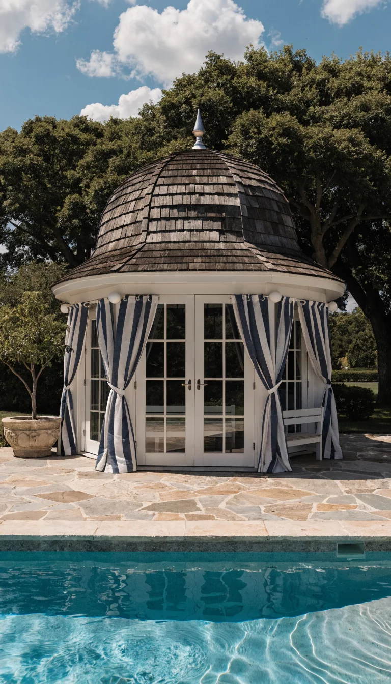 Striped Nautical Theme Drapes A realistic photo of an American home's backyard gazebo adorned with navy blue and white striped outdoor curtains, mounted on a white painted wooden structure with polished silver hardware, looking out over a crystal clear swimming pool and stone deck.
