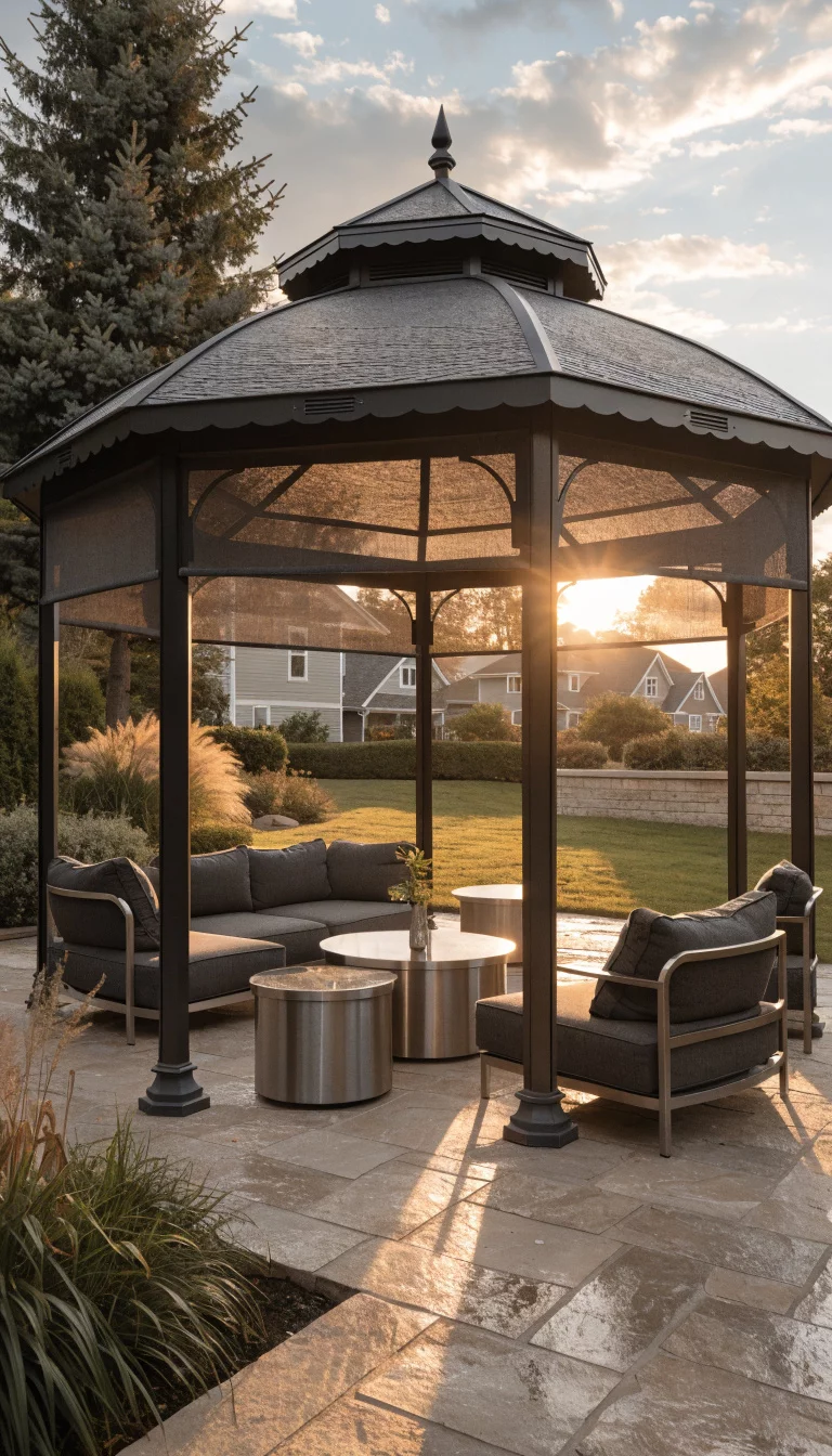 Semi Transparent Solar Shades A realistic photo of an American home's backyard gazebo with sleek charcoal grey mesh solar shades installed on the sides, showing a modern patio with stainless steel accents and minimalist furniture under a setting sun.