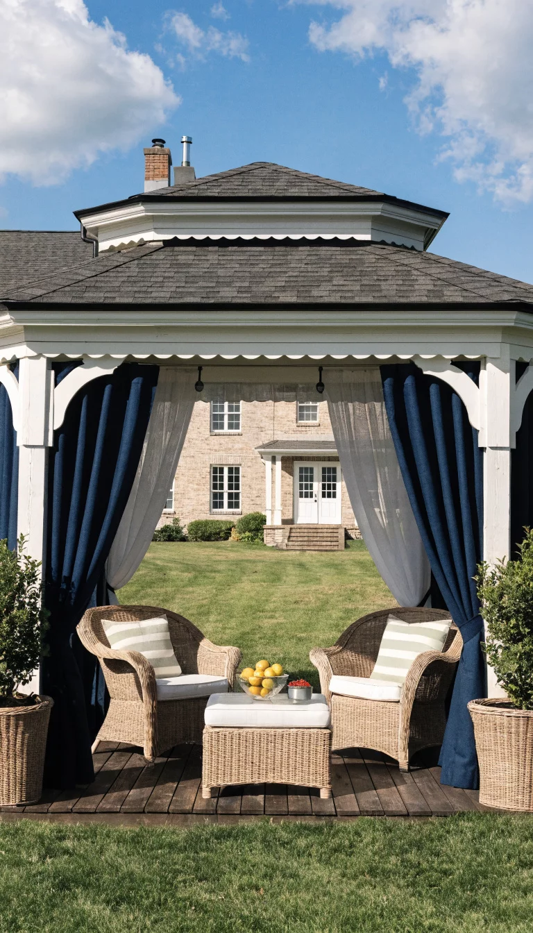 Double Layer Mesh And Fabric Combo A realistic photo of an American home's backyard gazebo with a double track system featuring white sheer curtains on the inner rail and navy blue solid curtains on the outer rail, showing a luxury lounge area.