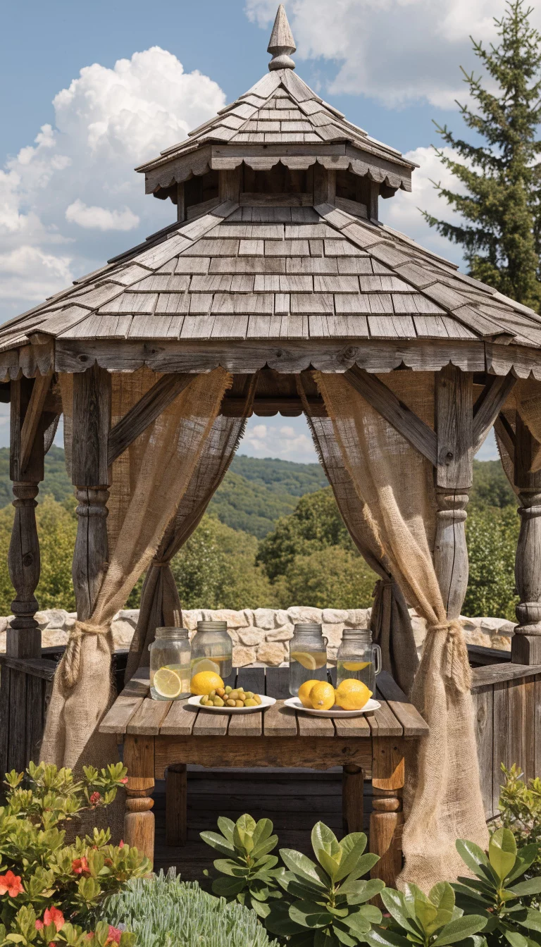 Burlap For Rustic Charm A realistic photo of an American home's backyard gazebo with natural brown burlap curtains tied with jute twine, featuring a farmhouse style wooden table and mason jar decorations in a sunny country garden setting.