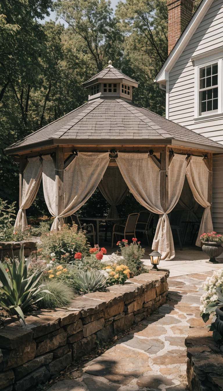 Canvas Drop Cloth DIY Solution A realistic photo of an American home's backyard gazebo using natural beige canvas drop cloths as curtains, held up by large black metal clips on a wire, with a rustic garden and stone path.