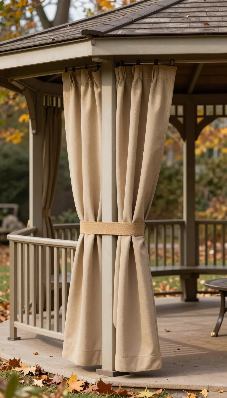 Velcro Security Straps For Windy Areas A realistic photo of an American home's backyard gazebo with tan outdoor curtains featuring built in velcro straps at the bottom to secure them to the posts, shown during a breezy afternoon with autumn leaves on the ground.