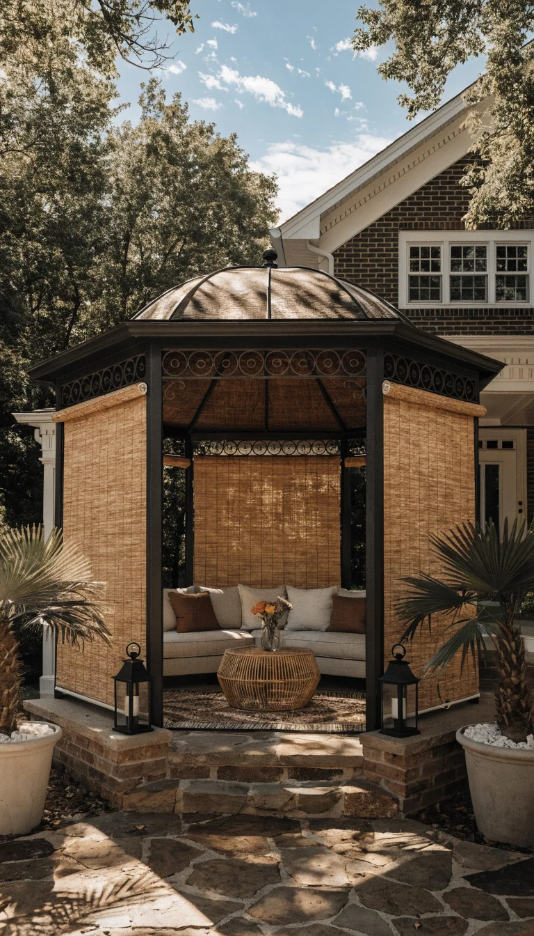 Bamboo Roll Up Blinds A realistic photo of an American home's backyard gazebo featuring natural tan bamboo roll up blinds on three sides, showing a textured woven pattern, with a modern outdoor sofa and potted palm trees in the bright sun.