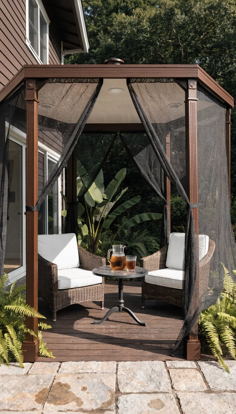 Mosquito Netting With Magnetic Closures A realistic photo of an American home's backyard gazebo enclosed with fine black mosquito netting curtains, featuring a magnetic center opening, attached to a dark brown aluminum frame with lush tropical plants and ferns visible in the background.