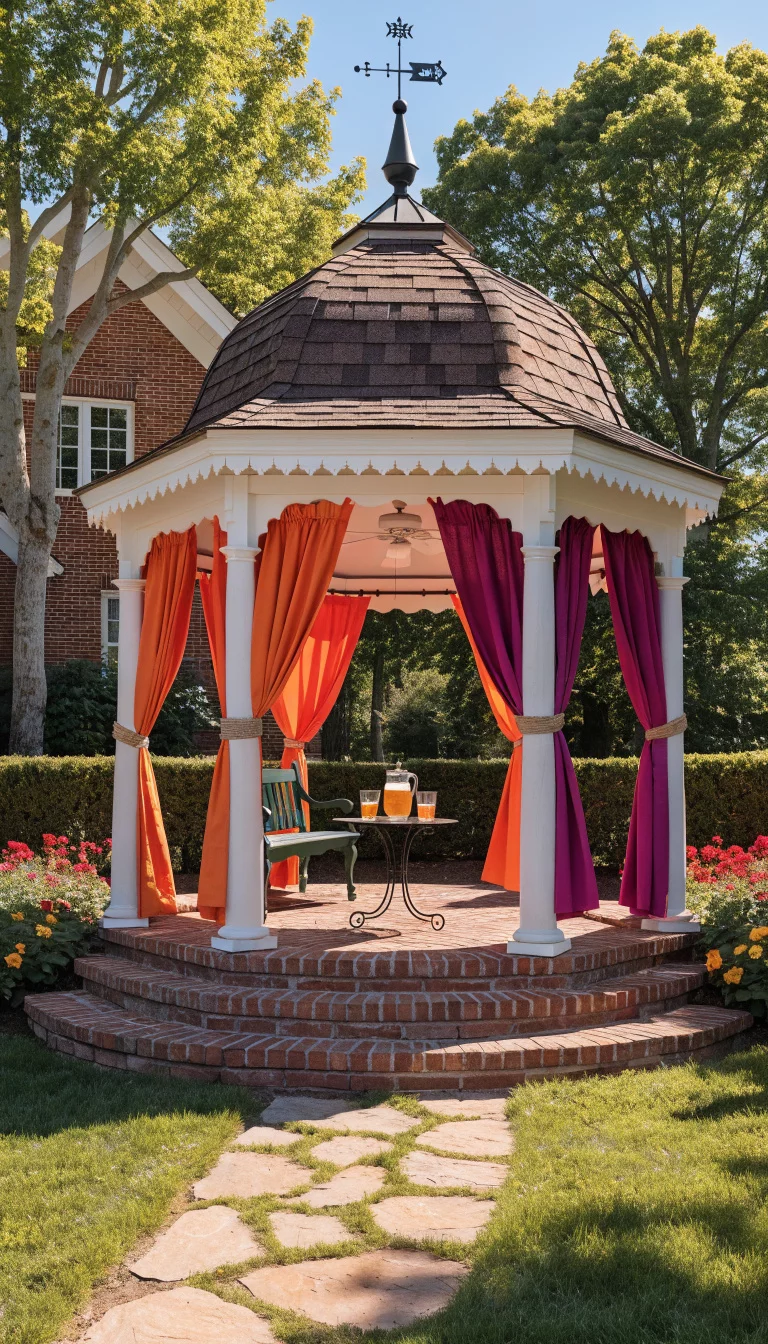 Vivid Reversible Color Panels A realistic photo of an American home's backyard gazebo featuring reversible curtains that are bright orange on one side and deep magenta on the other, tied back to reveal both colors in a sunny garden.