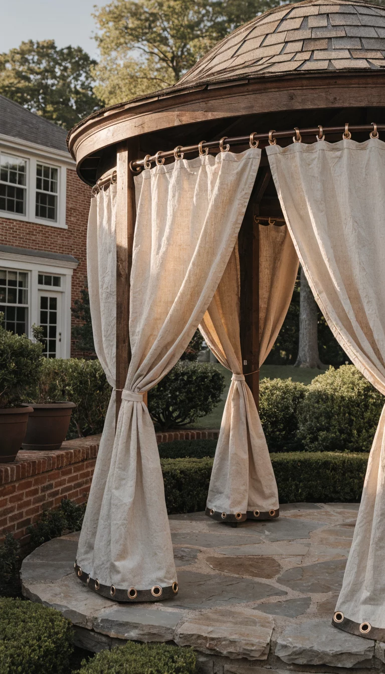 Heavyweight Canvas For Total Seclusion A realistic photo of an American home's backyard gazebo with thick cream colored canvas curtains pulled shut for maximum privacy, featuring bronze grommets at the top and anchored to a stone patio base, surrounded by manicured hedges and soft evening lighting.
