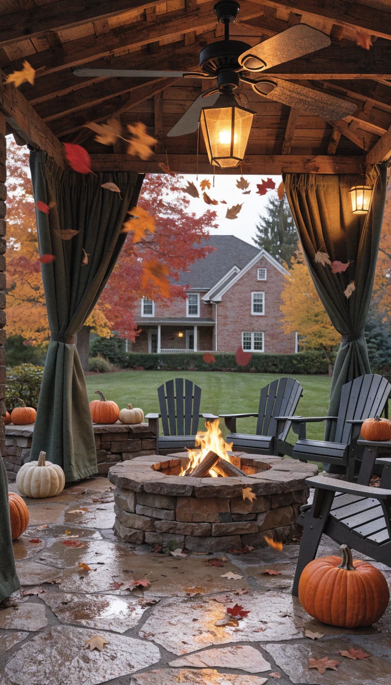 Earth Toned Thermal Insulated Panels A realistic photo of an American home's backyard gazebo with dark olive green thermal insulated curtains, hanging from a sturdy wooden pergola style roof, overlooking a stone fire pit with Adirondack chairs on a crisp autumn evening.