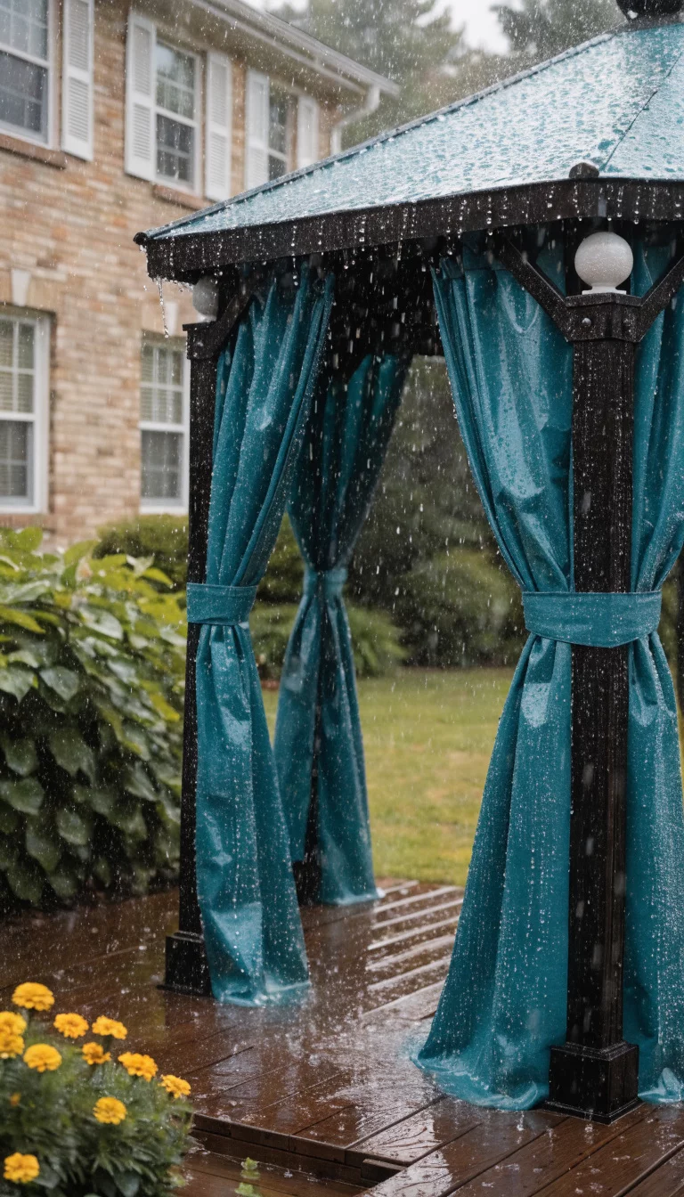 Waterproof Polyester Shower Style Curtains A realistic photo of an American home's backyard gazebo with bright teal waterproof polyester curtains, showing beads of water rolling off the surface during a light rain shower, with yellow flowers in the foreground.