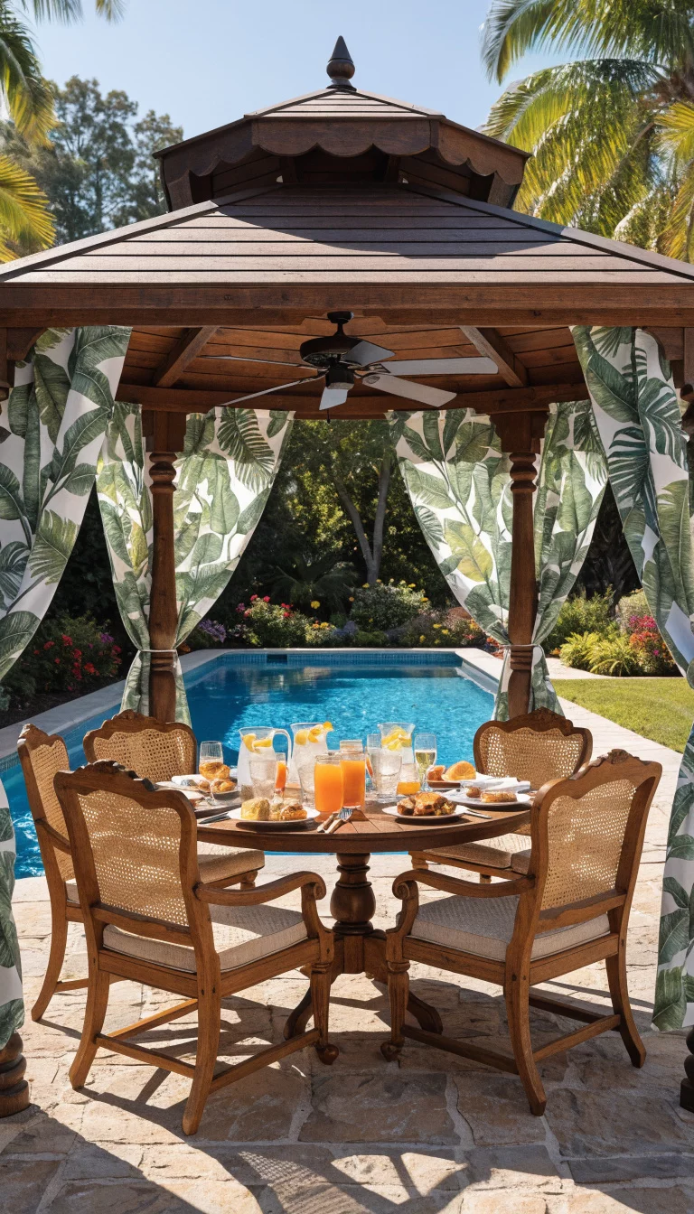 Patterned Tropical Leaf Prints A realistic photo of an American home's backyard gazebo featuring vibrant green palm leaf print curtains on a white background, surrounding a dining table set for lunch, with a sparkling swimming pool in the near distance.