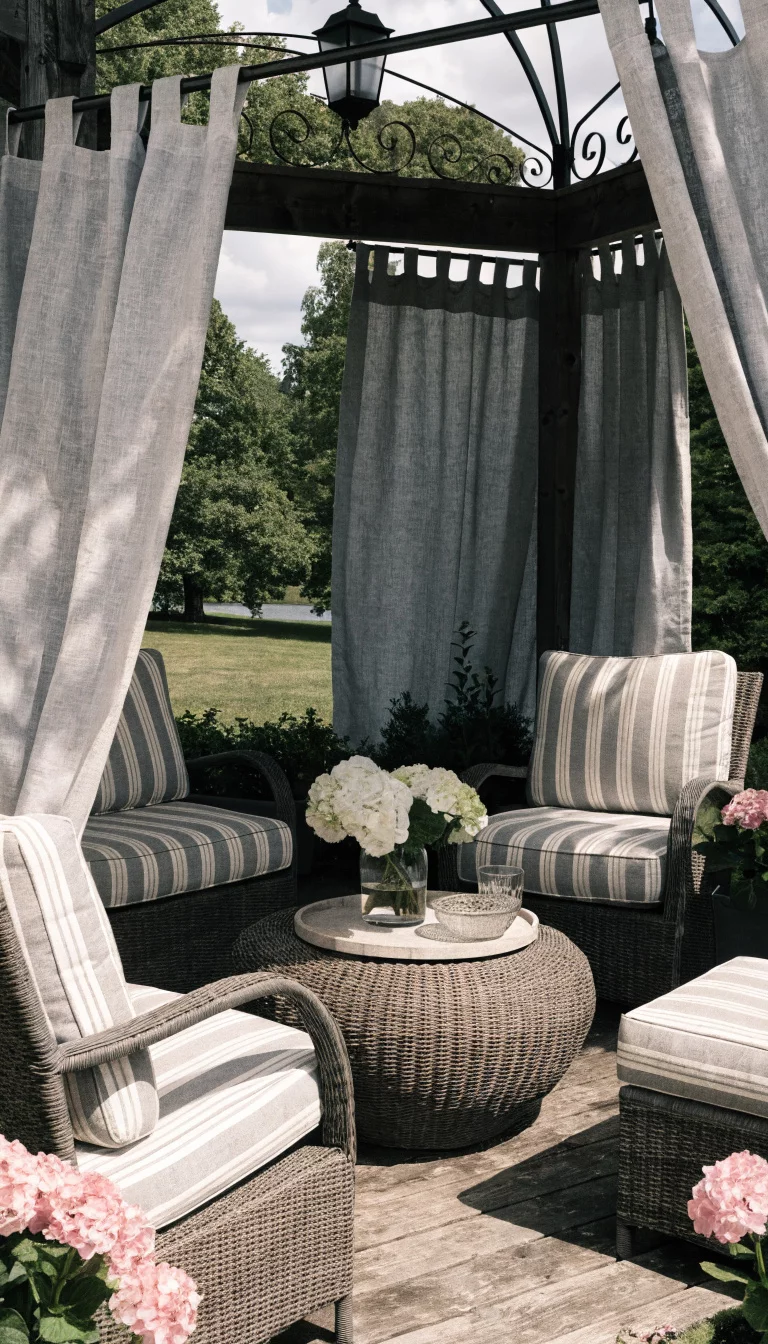 Tab Top Linen Layers A realistic photo of an American home's backyard gazebo with light grey linen curtains featuring wide tab top loops, hanging from a matte black iron rod, softly draped over a rustic wooden floor with cozy patio furniture nearby.