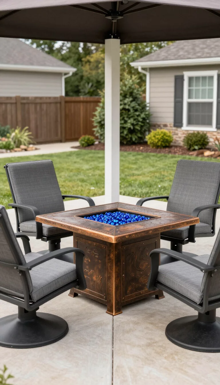 A realistic photo of an American home's backyard gazebo featuring a square bronze aluminum fire pit table with blue glass beads inside and four coordinating charcoal gray swivel chairs.