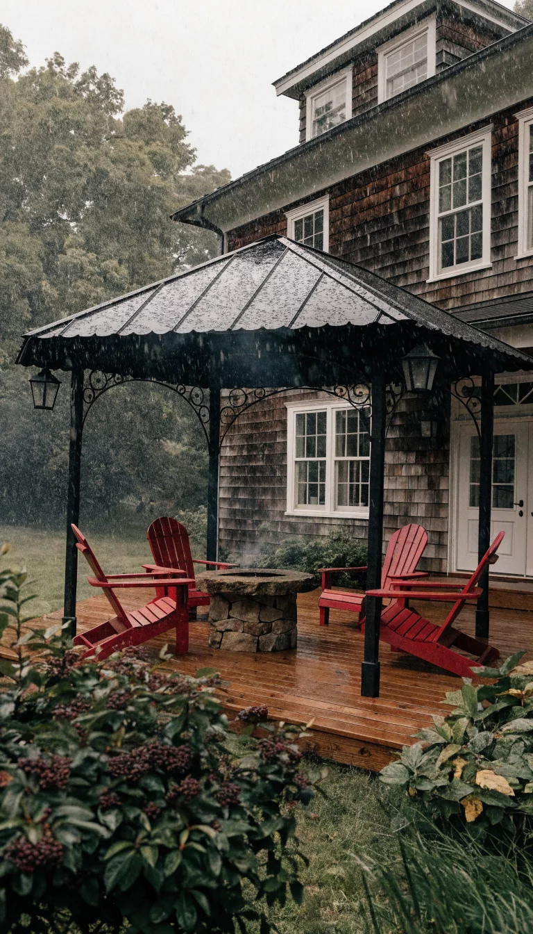 A realistic photo of an American home's backyard gazebo featuring four bright red adirondack chairs arranged in a circle around a low stone fire pit table on a wooden deck floor.