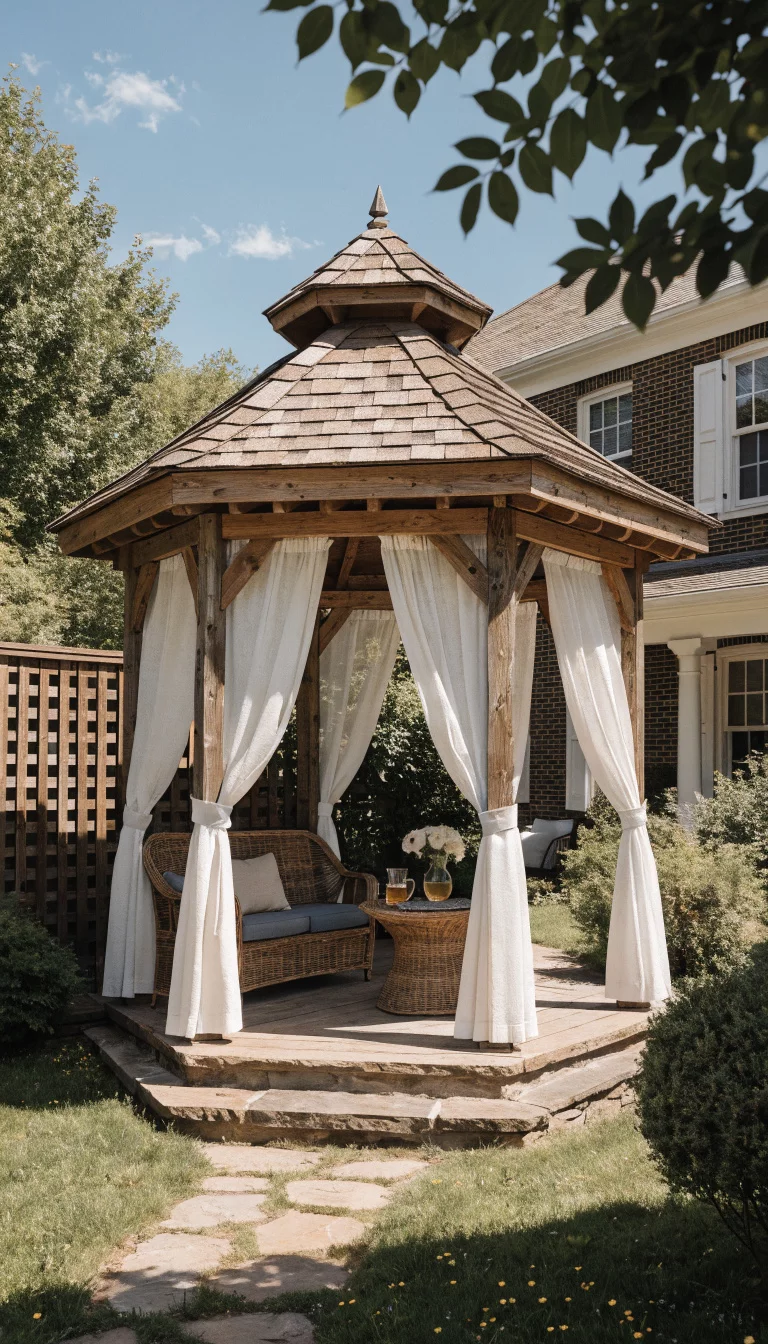 A realistic photo of an American home's backyard gazebo with flowing white outdoor curtains tied to the corner posts and a tall dark wood lattice privacy screen on one side.
